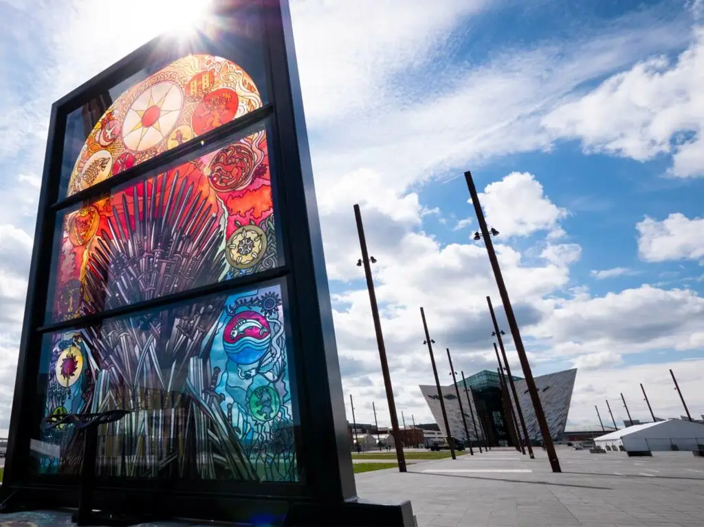 Stained-glass window inspired by Game of Thrones near Titanic Belfast museum in Belfast, Northern Ireland