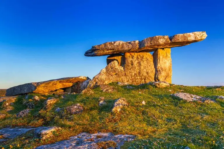 Poulnabrone Portal Tomb in the Burren, County Clare, Ireland at sunrise, ancient Irish stone monument and famous tourist attraction