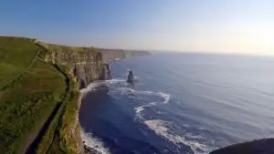 Aerial view of the Cliffs of Moher in Ireland with dramatic coastal cliffs, Atlantic Ocean waves, and scenic landscape popular with tourists and Ireland Prestige Tours visitors