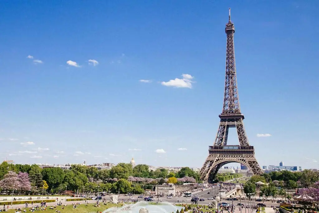 Eiffel Tower in Paris France viewed from the Trocadéro Gardens on a sunny day with tourists enjoying sightseeing and city tours