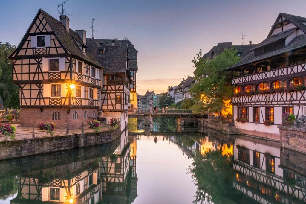 Sunset over the canal of _petite venice_ in Strasbourg, France