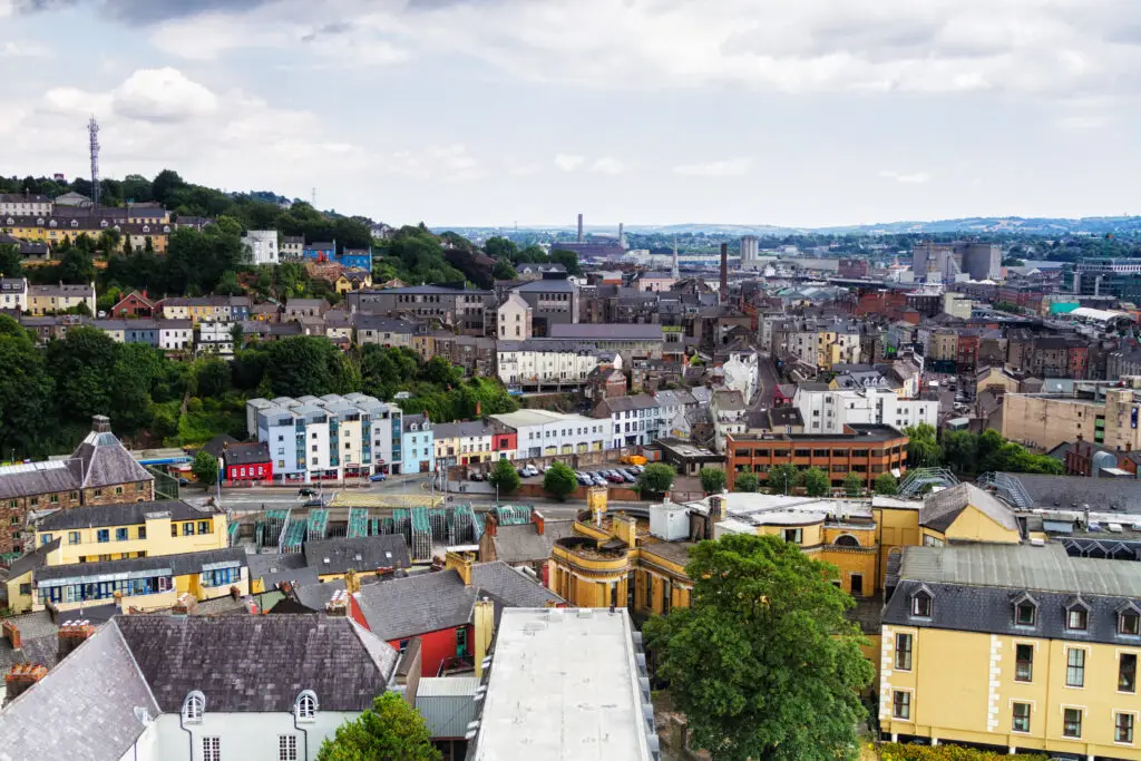 Aerial view of colorful historic buildings and cityscape in Cork, Ireland showcasing the architecture and charm of this popular travel destination