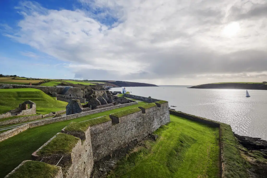 Historic Charles Fort overlooking Kinsale Harbour in County Cork, Ireland, featuring ancient stone walls, green hills, and scenic coastal views for Ireland Prestige Tours.